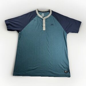 Nike SB Men's Large Henley T Shirt Teal Blue Raglan 3 Button Skate